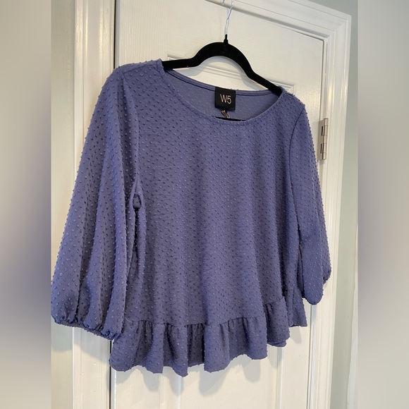 NWT W5 Size S Blue Periwinkle Swiss Dot 3/4 Sleeve Peplum Blouse Pullover - Picture 3 of 11